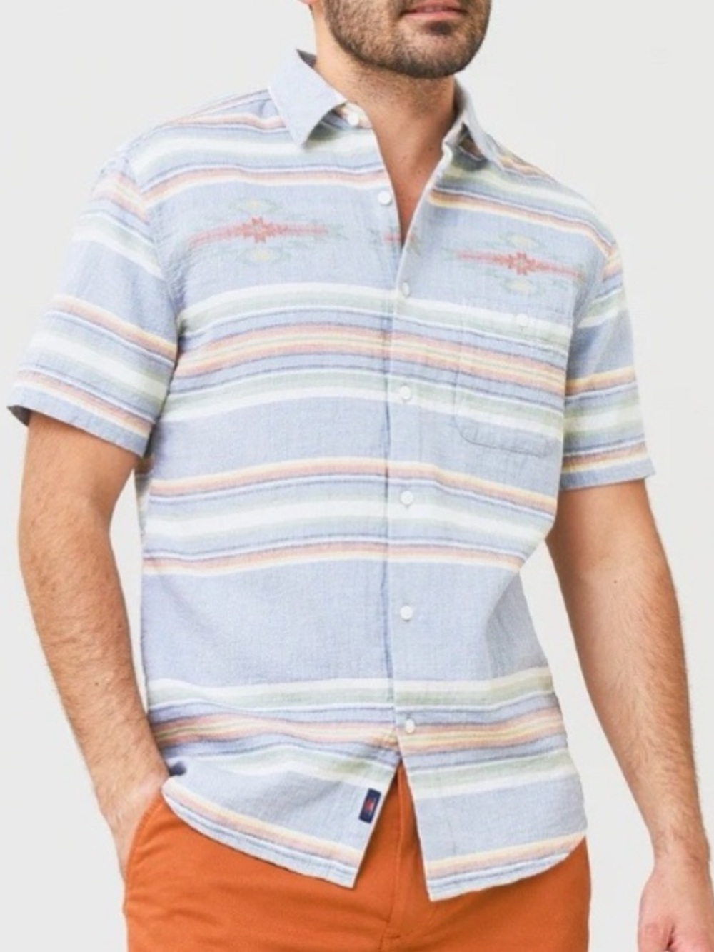 FAHERTY ORGANIC COTTON Light Blue Striped Short-Sleeve Men's Shirt! XL